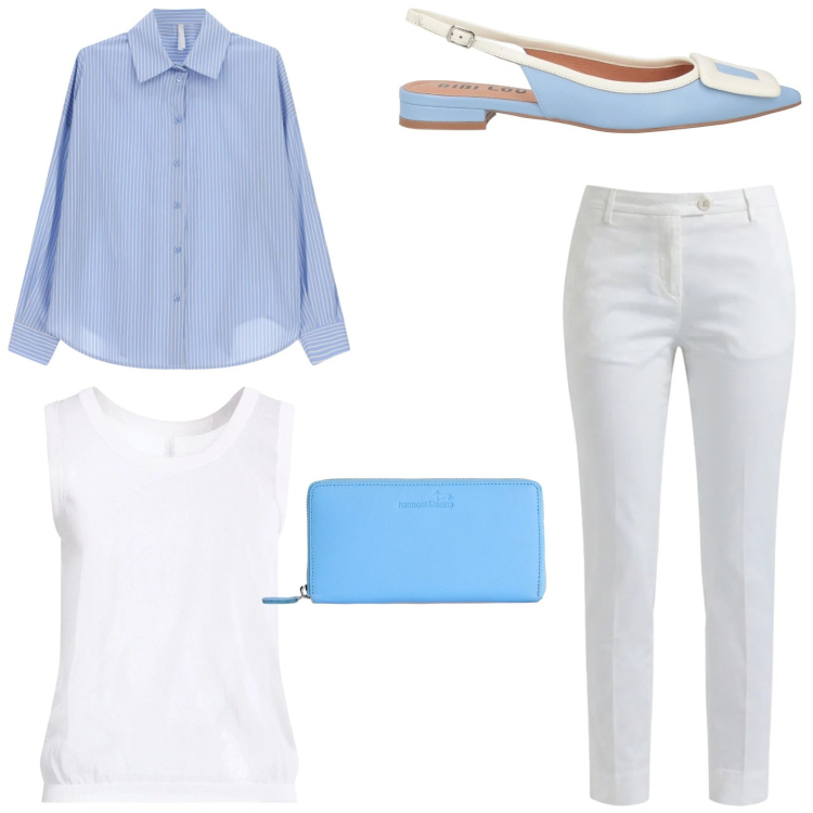 Outfit donna - Look fresco e curato. Stile Chic per Tutti i giorni. Abbinamento con ballerine, top, camicie, portafogli, pantaloni.