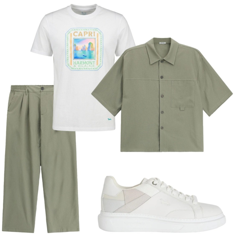 Outfit uomo - Comodità. Stile Trendy per Tutti i giorni. Abbinamento con pantaloni, camicie a manica corta, sneakers, t-shirt.