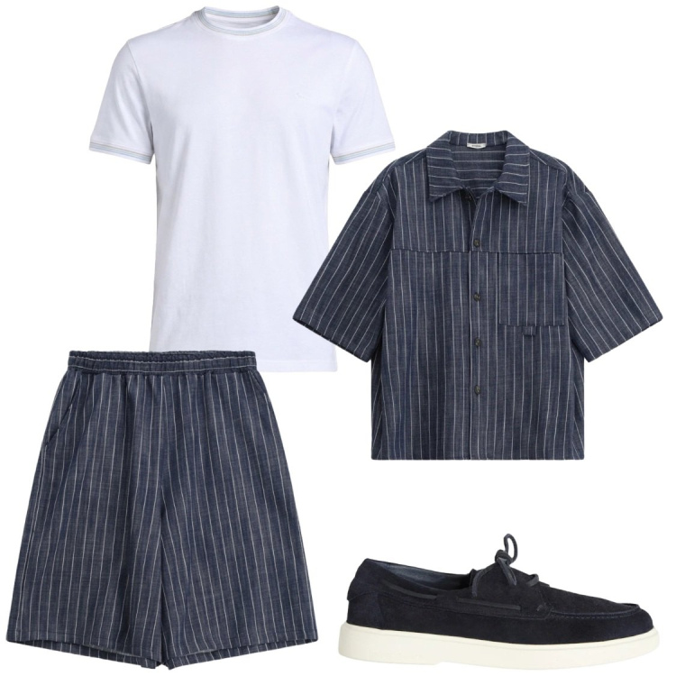 Outfit uomo - Estate. Stile Trendy per Tutti i giorni. Abbinamento con camicie a manica corta, bermuda, scarpe stringate, t-shirt.