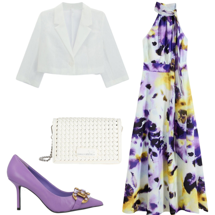Outfit donna - Il lungo fiorito. Stile Romantica per Cerimonia. Abbinamento con décolleté, vestiti lunghi, blazer, borse a tracolla.