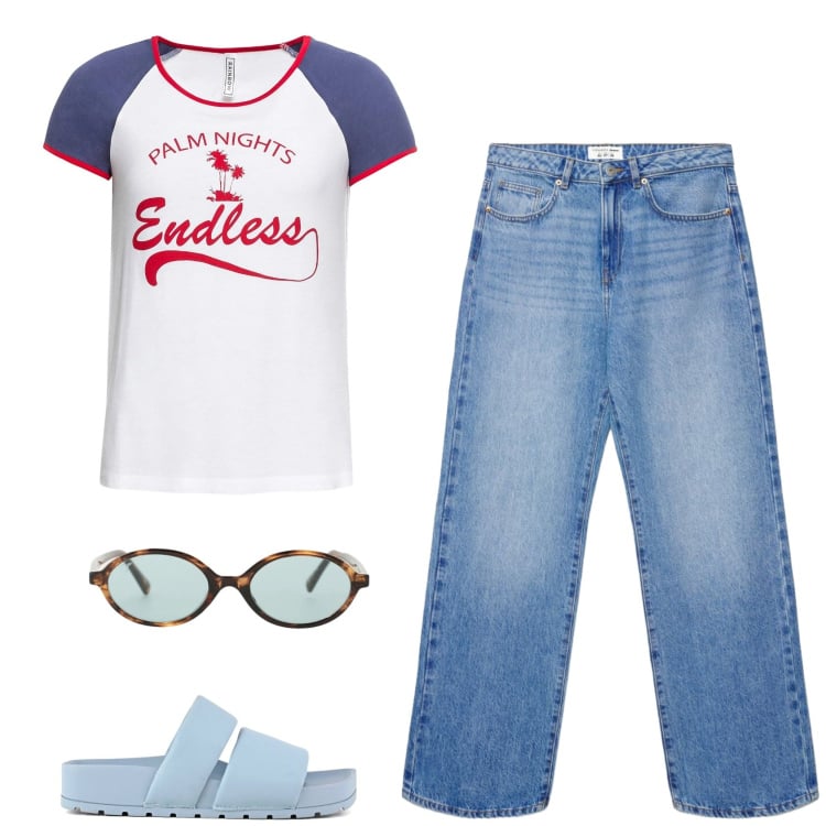 Outfit donna - Tutto il giorno in giro. Stile Basic per Tutti i giorni. Abbinamento con t-shirt, jeans dritti, occhiali da sole, ciabatte.