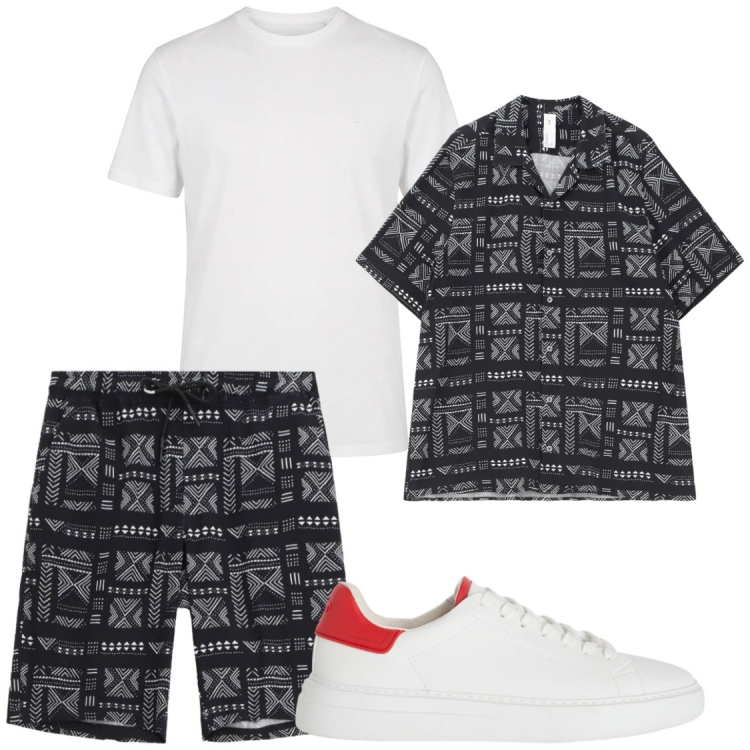 Outfit uomo - Amici. Stile Trendy per Serata speciale. Abbinamento con camicie a manica corta, bermuda, sneakers, t-shirt.