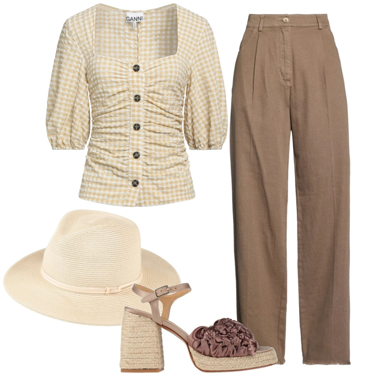 Outfit donna - Total look #2404449. Stile Vintage retrò per Tutti i giorni. Abbinamento con cappelli, camicie a manica corta, espadrillas, pantaloni.