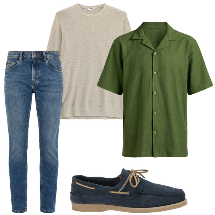 Outfit uomo - Con la maglia sulle spalle. Stile Casual Abbinamento con maglieria, jeans slim fit, scarpe stringate, camicie a manica corta.