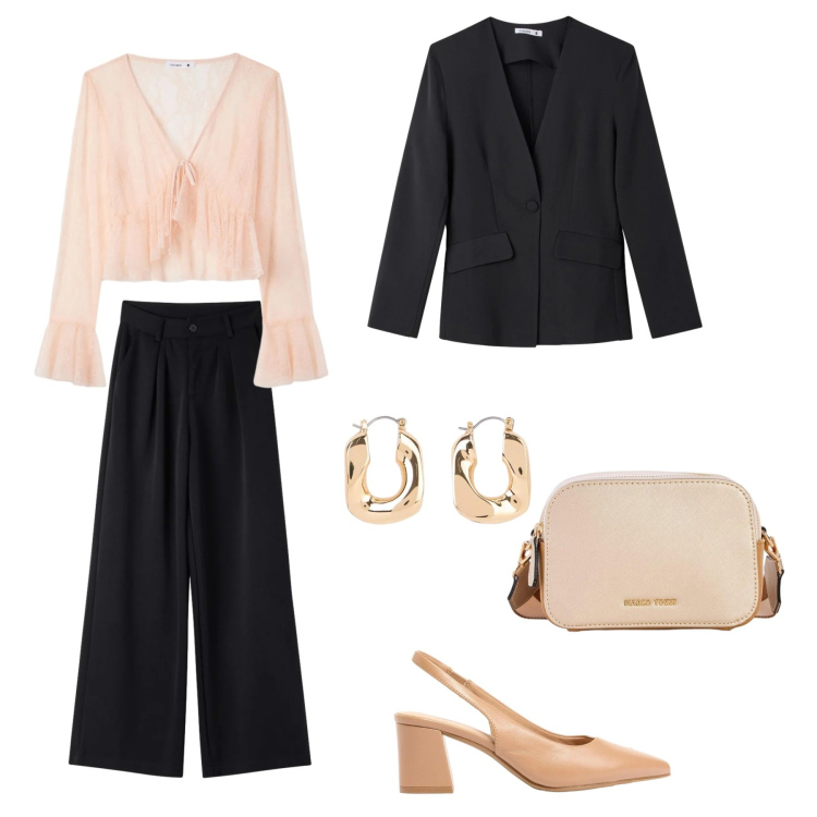 Outfit donna - Total look #2404456. Stile Chic per Ufficio. Abbinamento con orecchini, borse a tracolla, décolleté, bluse, blazer, pantaloni.