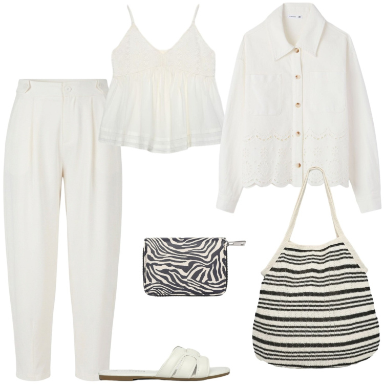 Outfit donna - White Boho Mood. Stile Boho per Serata fuori. Abbinamento con cappotti, pantaloni, portafogli, shopping bag, canottiere, ciabatte.