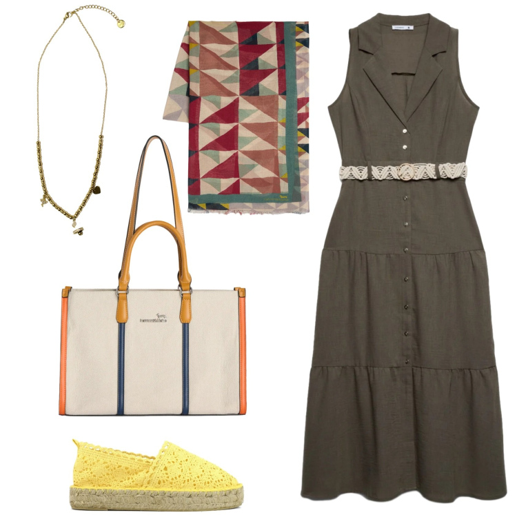 Outfit donna - Un giro in Spagna. Stile Casual per Tutti i giorni. Abbinamento con vestiti chemisier, sciarpe, borse tote, ciondoli, espadrillas.