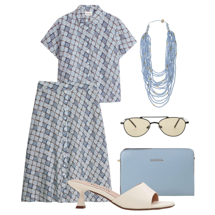 Outfit donna - Fantasia grafica glam. Stile Glamour per Tutti i giorni. Abbinamento con ciabatte, camicie a manica corta, gonne, occhiali da sole, borse a tracolla, collane.
