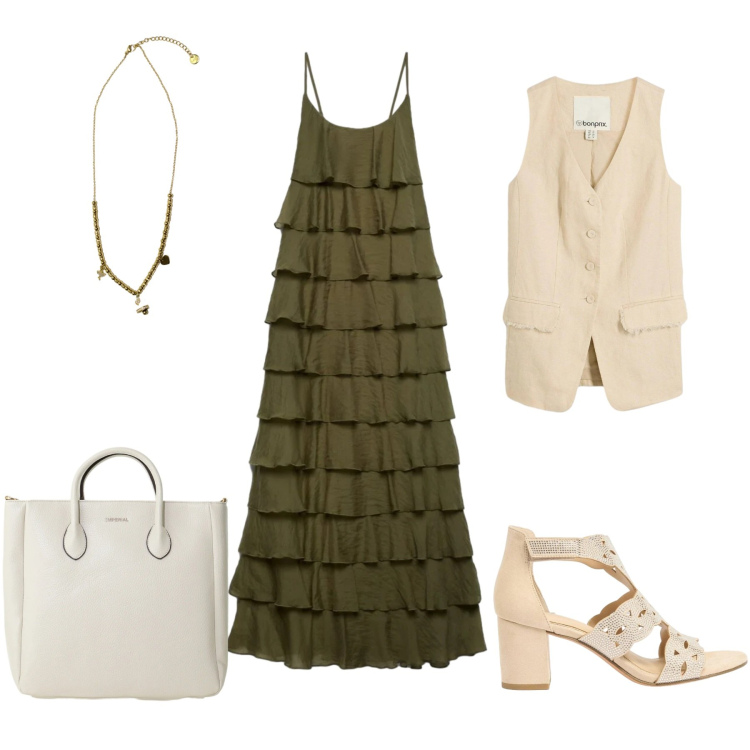 Outfit donna - Estate cool. Stile Casual chic per Serata fuori. look ideale per Tall. Abbinamento con sandali col tacco, gilet, vestiti lunghi, borse a tracolla, ciondoli.