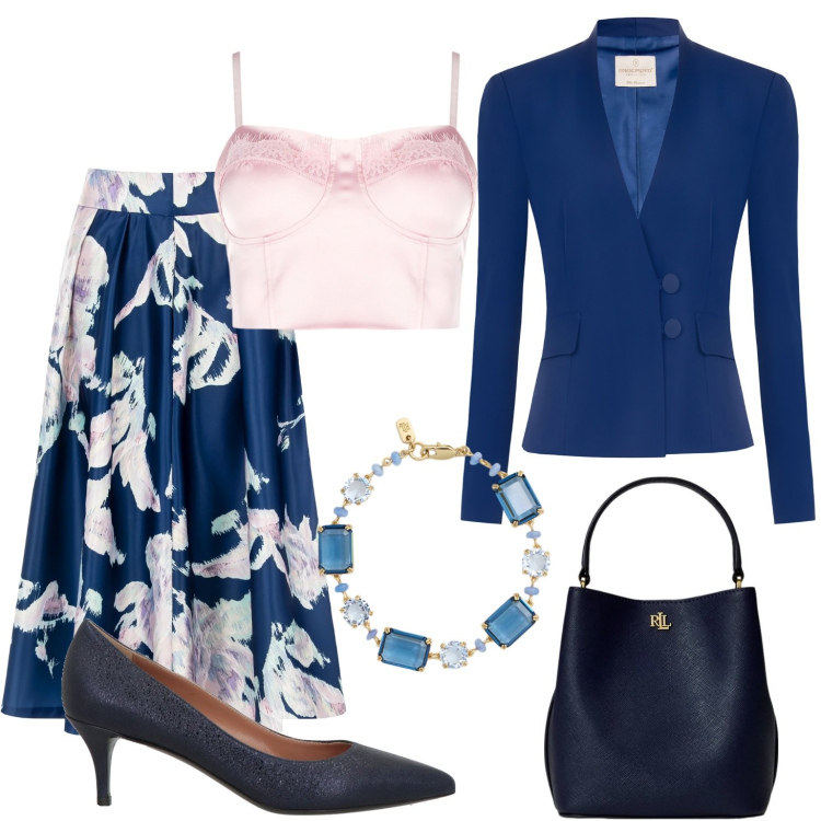 Outfit donna - L\' invitata perfetta sei tu. Stile Bon Ton per Cerimonia. Abbinamento con décolleté, gonne longuette, top, blazer, borse a secchiello, braccialetti.