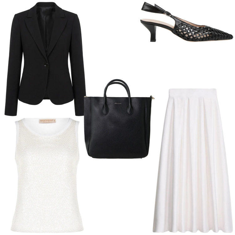 Outfit donna - Mix sofisticato senza tempo. Stile Chic per Tutti i giorni. Abbinamento con décolleté, gonne lunghe, blazer, canottiere, borse a tracolla.