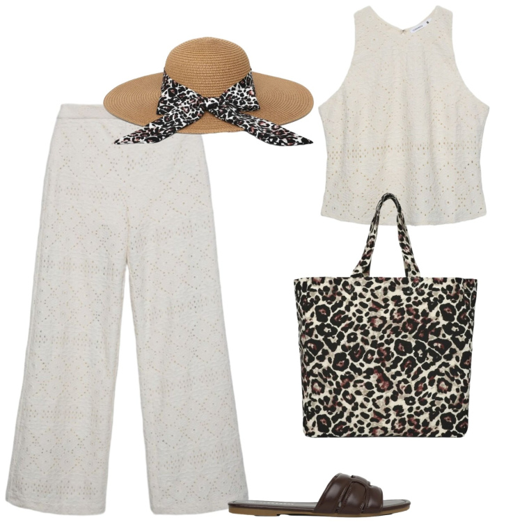 Outfit donna - White Boho Mood & Animalier. Stile Boho per Mare. Abbinamento con pantaloni, cappelli, shopping bag, top, ciabatte.