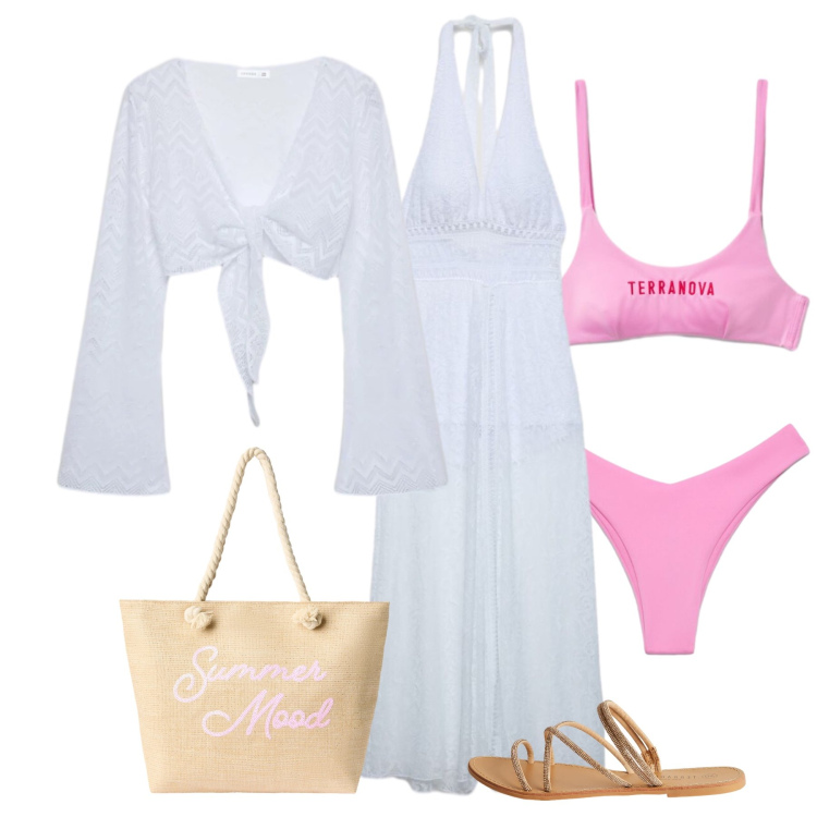 Outfit donna - Total look #2404476. Stile Boho per Mare. Abbinamento con top, tuta corta, bikini, bikini, sandali, borse tote.
