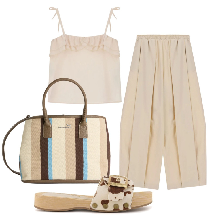 Outfit donna - Total look #2404479. Stile Minimal per Tutti i giorni. Abbinamento con pantaloni, shopping bag, top, ciabatte.
