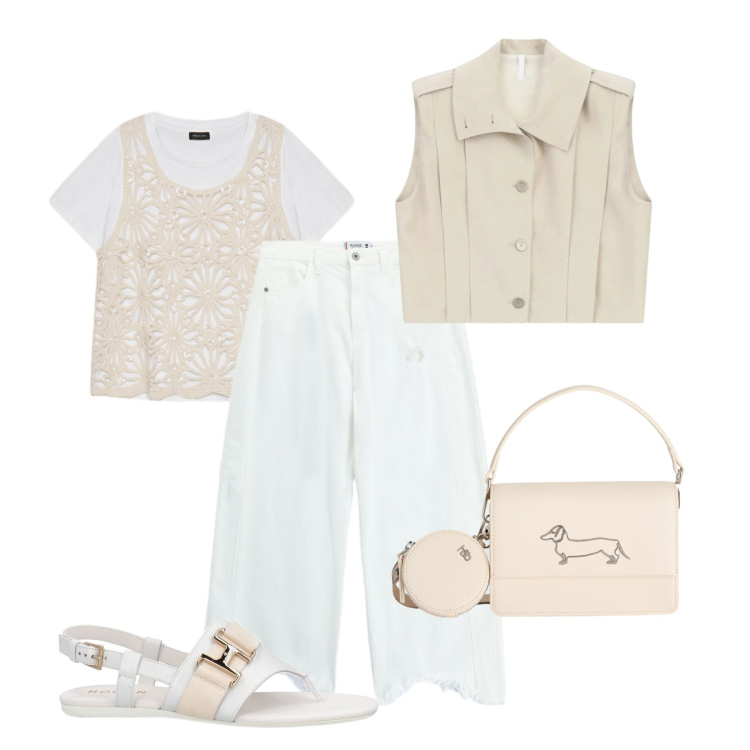 Outfit donna - Giornata all’aperto. Stile Urban per Tutti i giorni. Abbinamento con infradito, gilet, borse a tracolla, pantaloni a palazzo, t-shirt.