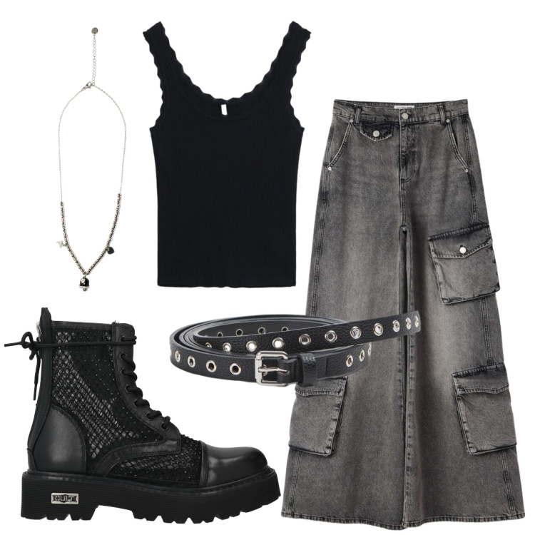 Outfit donna - Total look #2404483. Stile Rock per Tutti i giorni. Abbinamento con anfibi, cinture, jeans, canottiere, ciondoli.