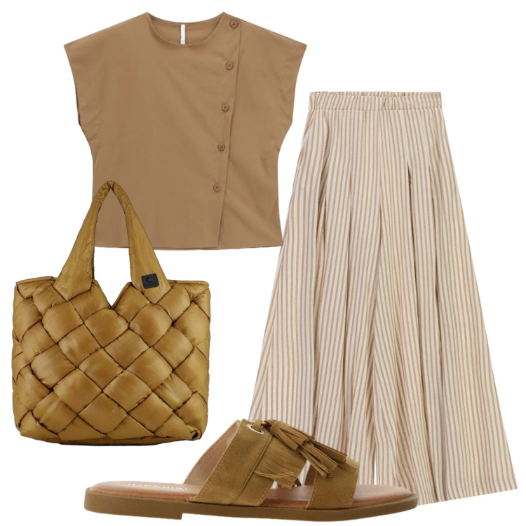 Outfit donna - Total look #2404486. Stile Casual per Ufficio. Abbinamento con sandali, camicie a manica corta, pantaloni a palazzo, borse tote.