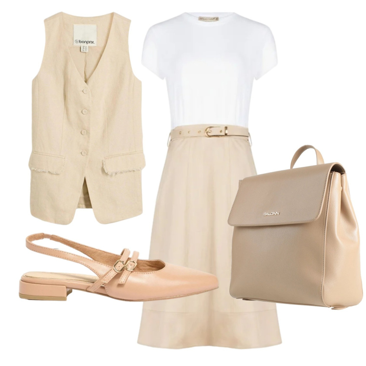 Outfit donna - Total look #2404488. Stile Minimal per Ufficio. Abbinamento con zaini, ballerine, gilet, vestiti midi/longuette.