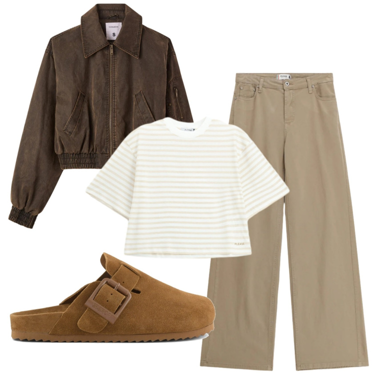 Outfit donna - Total look #2404489. Stile Trendy per Tutti i giorni. Abbinamento con bomber, t-shirt, pantaloni, sabot.
