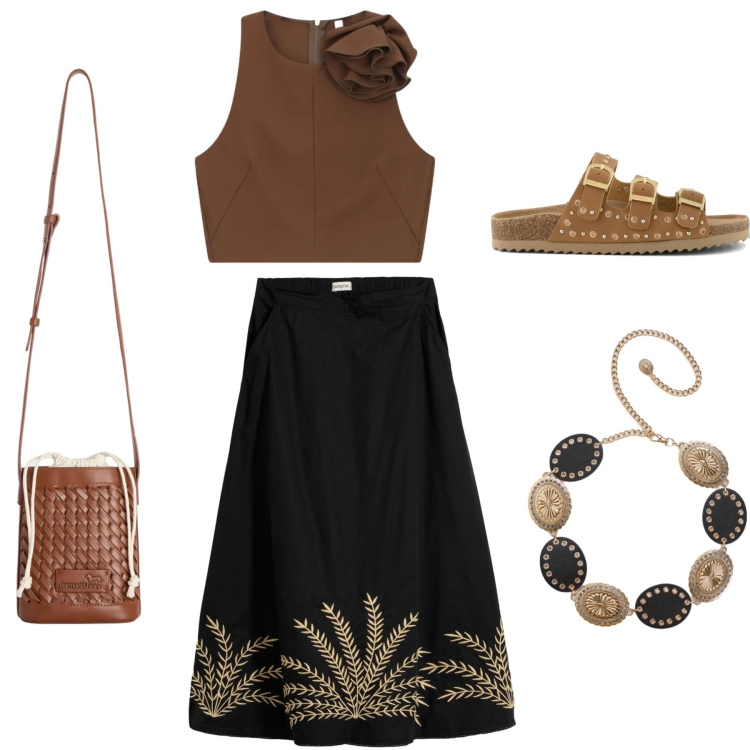 Outfit donna - Total look #2404491. Stile Etnico per Tutti i giorni. Abbinamento con gonne lunghe, cinture, top, borse a secchiello, sandali.