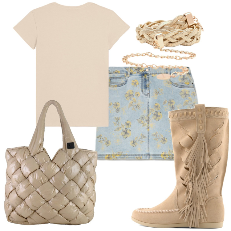 Outfit donna - Total look #2404492. Stile Etnico per Tutti i giorni. Abbinamento con cinture, t-shirt, minigonne, borse tote, stivali.