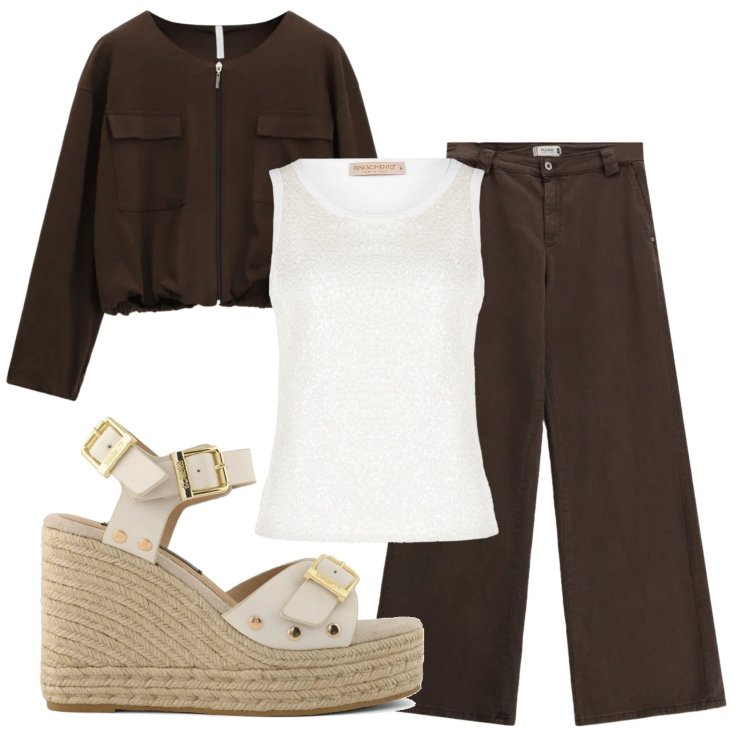 Outfit donna - Total look #2404493. Stile Casual chic per Tutti i giorni. Abbinamento con pantaloni a palazzo, bomber, canottiere, zeppe.