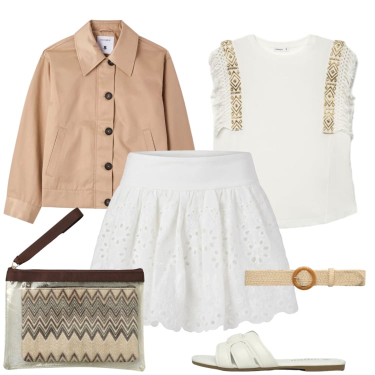 Outfit donna - Soft boho. Stile Boho per Tutti i giorni. Abbinamento con ciabatte, cinture, cappotti, pochette, minigonne, t-shirt.