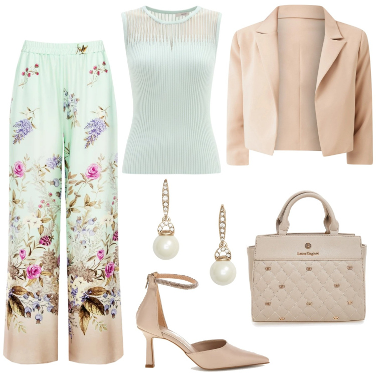Outfit donna - L\'invitata perfetta. Stile Chic per Cerimonia. Abbinamento con pantaloni a palazzo, top, blazer, orecchini, borse a mano, décolleté.