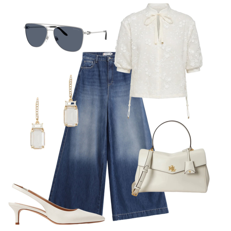 Outfit donna - Blusa romantica sui jeans. Stile Casual chic per Tutti i giorni. Abbinamento con bluse, jeans, décolleté, borse a mano, orecchini, occhiali da sole.