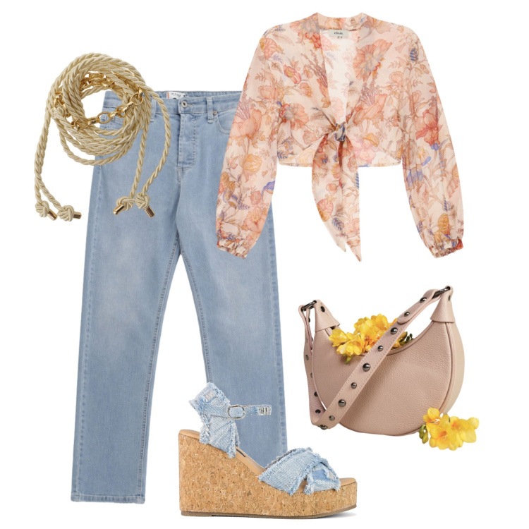 Outfit donna - Jeans e blusa 70s time. Stile 70s per Tutti i giorni. Abbinamento con jeans, cinture, borse a spalla, bluse, zeppe.