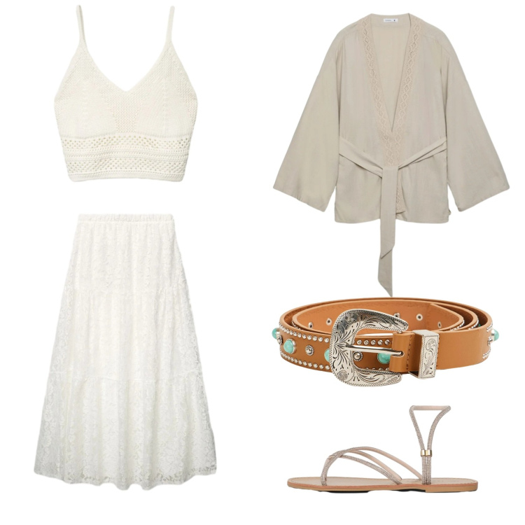 Outfit donna - White Sand.. Stile Boho per Tutti i giorni. look ideale per Tall. Abbinamento con kimono, top, cinture, gonne lunghe, sandali.
