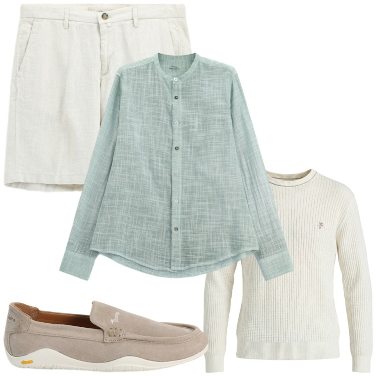Outfit uomo - Vcon la maglia sulle spalle. Stile Trendy per Serata speciale. Abbinamento con camicie, bermuda, maglieria, scarpe stringate.