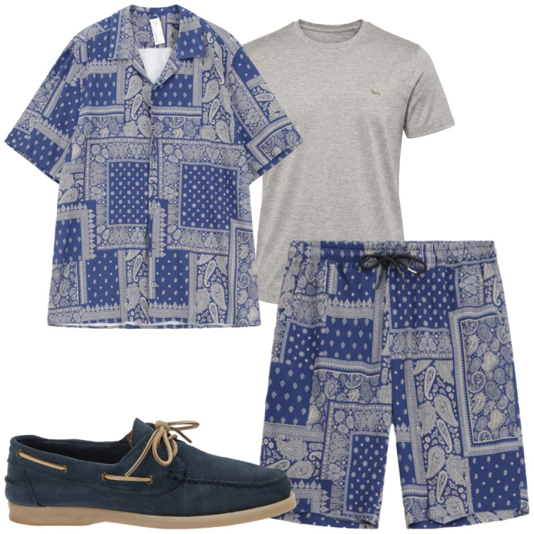 Outfit uomo - Casual. Stile Trendy per Tutti i giorni. Abbinamento con bermuda, camicie a manica corta, t-shirt, scarpe stringate.
