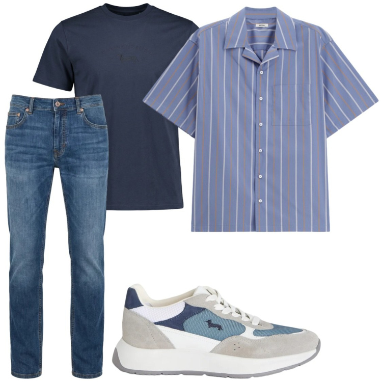Outfit uomo - Casial. Stile Casual per Tutti i giorni. Abbinamento con camicie a manica corta, sneakers, t-shirt, jeans.