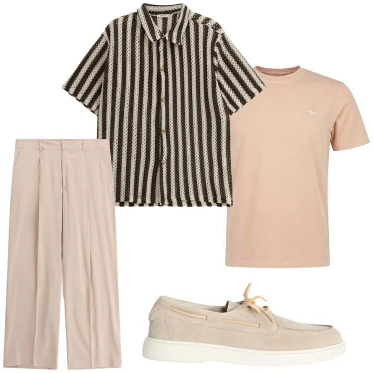 Outfit uomo - Trendy. Stile Trendy per Serata speciale. Abbinamento con camicie a manica corta, pantaloni, scarpe stringate, t-shirt.