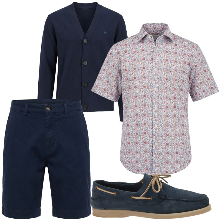 Outfit uomo - Cardigan sulle spalle. Stile Trendy per Serata speciale. Abbinamento con cardigans, camicie a manica corta, scarpe stringate, bermuda.