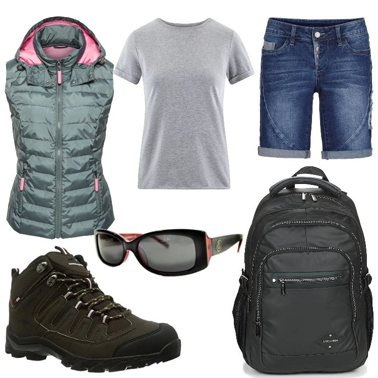 Outfit donna - Weekend in montagna Low cost. Stile Basic per Sport. Abbinamento con gilet, shorts, zaino nero, scarponcini marrone, t-shirt con orlo girocollo in denim aderente grigio, occhiali da sole nero.