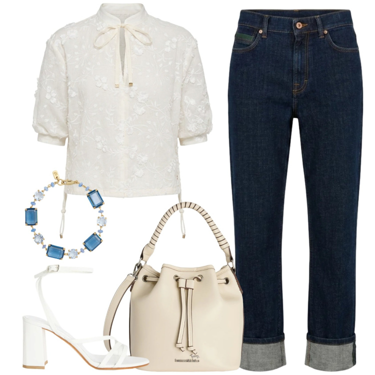 Outfit donna - La blusa romantica. Stile Romantica per Ufficio. Abbinamento con bluse, borse a secchiello, jeans dritti, sandali in pelle, braccialetti.