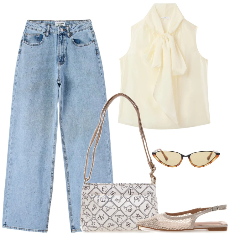 Outfit donna - Blusa +jeans. Stile Trendy per Scuola/Università. Abbinamento con bluse, jeans, occhiali da sole, ballerine, borse a tracolla.