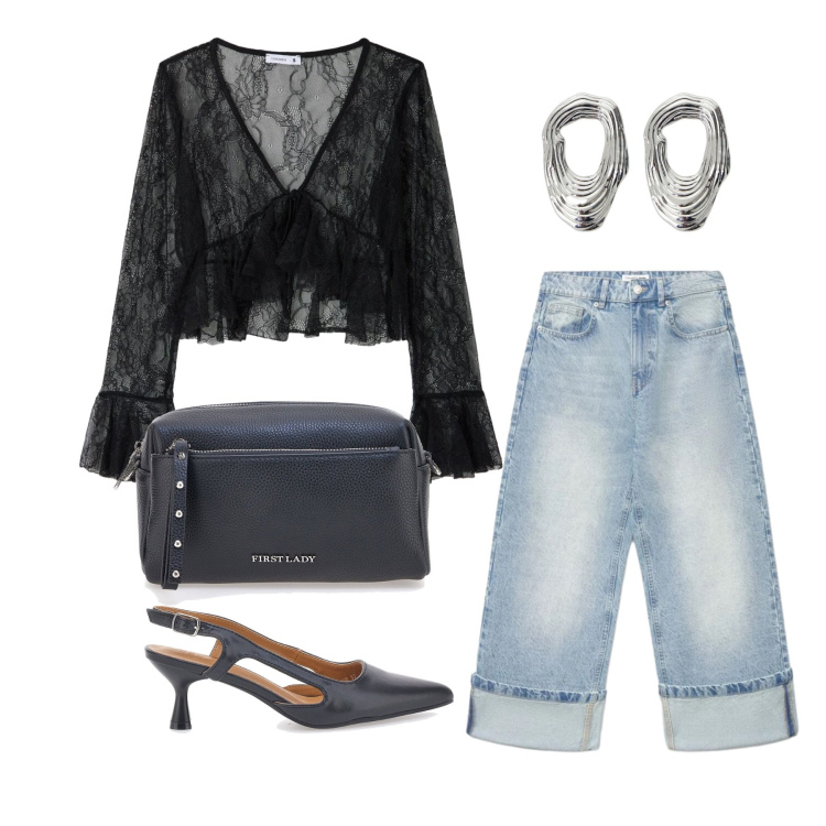 Outfit donna - Maggio. Stile Trendy per Tutti i giorni. Abbinamento con bluse, jeans, orecchini, décolleté, borse a tracolla.
