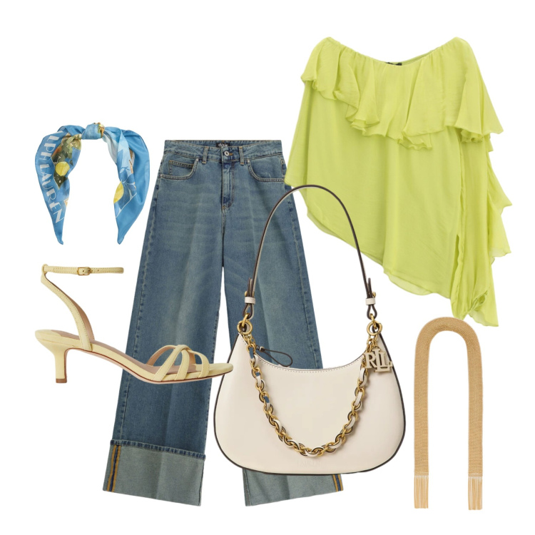 Outfit donna - Maggio. Stile Casual chic per Tutti i giorni. Abbinamento con borse a spalla, collane, foulard, sandali col tacco, jeans, bluse.
