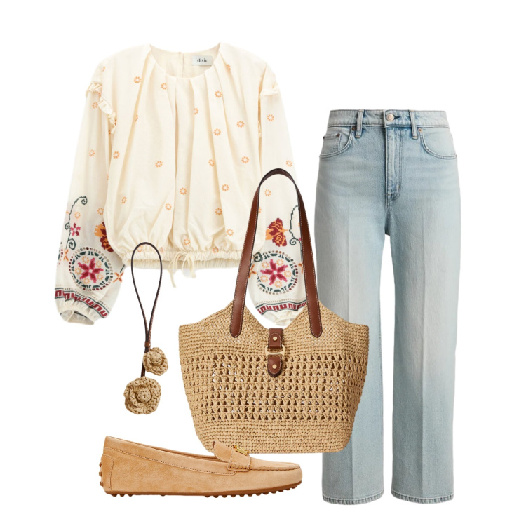 Outfit donna - Maggio. Stile Boho per Tutti i giorni. Abbinamento con bluse, jeans dritti, mocassini, borse tote, ciondoli.