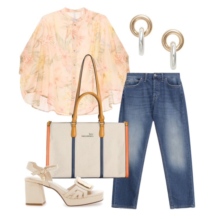 Outfit donna - Maggio. Stile Romantica per Tutti i giorni. Abbinamento con bluse, borse tote, jeans dritti, orecchini, sandali col tacco.