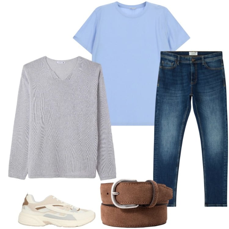 Outfit uomo - Total look #2404583. Stile Trendy per Tutti i giorni. Abbinamento con jeans skinny, sneakers, maglieria, t-shirt, cinture.