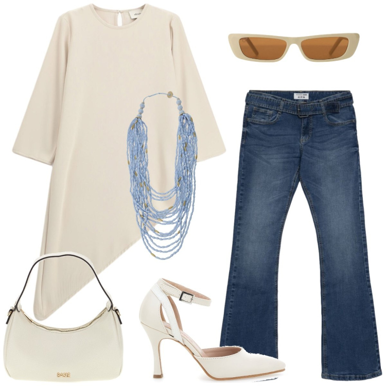 Outfit donna - Total look #2404585. Stile Casual chic per Tutti i giorni. Abbinamento con jeans a zampa, occhiali da sole, collane, bluse, décolleté, borse a tracolla.
