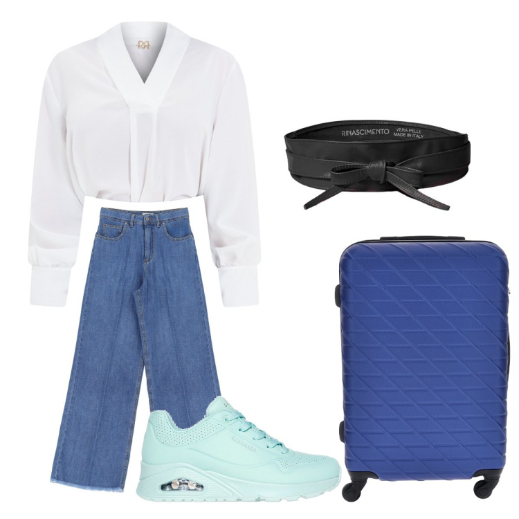 Outfit donna - Blusa + jeans. Stile Sporty chic per Tutti i giorni. Abbinamento con bluse, cinture, jeans, sneakers, valigie.