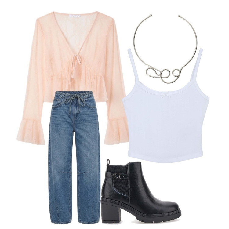 Outfit donna - Blusa + jeans 3. Stile Boho per Scuola/Università. Abbinamento con jeans, bluse, canottiere, collane, stivaletti.