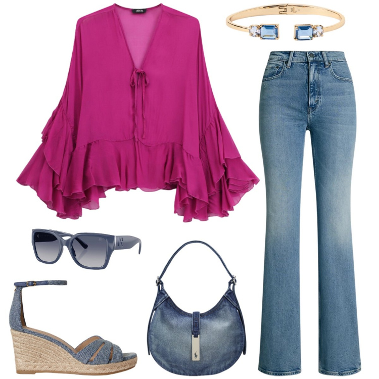 Outfit donna - Total look #2404597. Stile Boho per Tutti i giorni. Abbinamento con bluse, borse a spalla, jeans bootcut, zeppe, occhiali da sole, braccialetti.