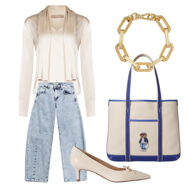 Outfit donna - Blusa + jeans - Il nuovo everyday look. Stile Casual chic per Tutti i giorni. Abbinamento con bluse, décolleté, braccialetti, borse tote, jeans.