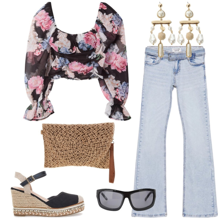 Outfit donna - Total look #2404599. Stile Romantica per Tutti i giorni. Abbinamento con bluse, jeans a zampa, occhiali da sole, orecchini, zeppe, borse a tracolla.